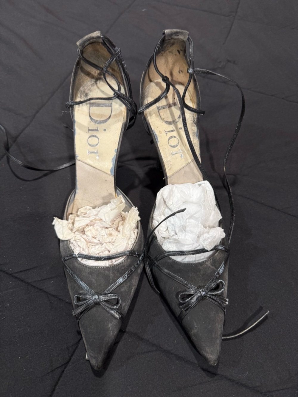 Dior Black Pointed-Toe Lace-Up Pumps with Bow Accent